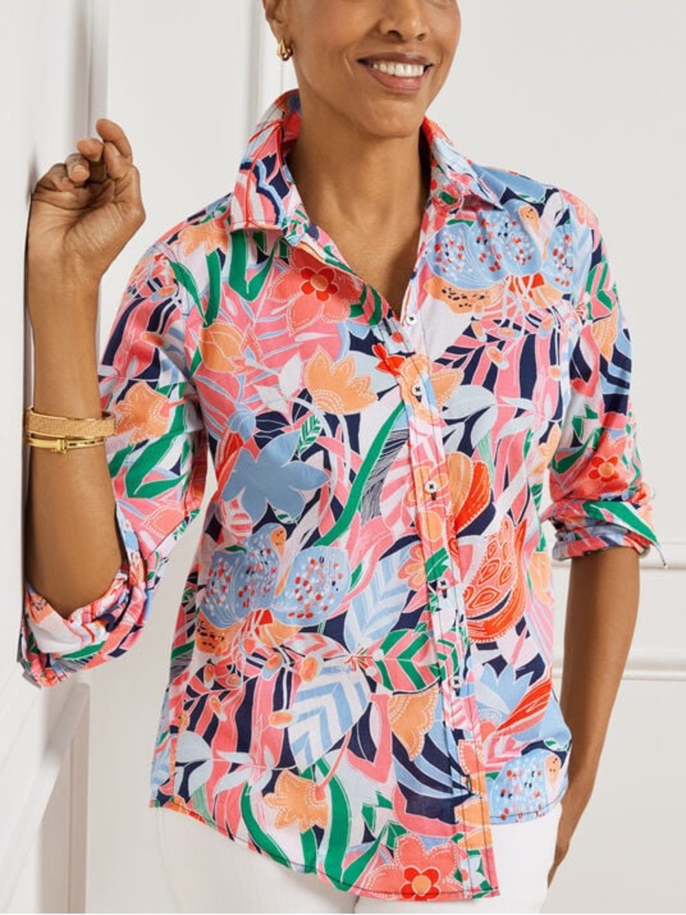 Talbots Cotton Button Front Shirt Marvelous Floral Resort Tropical Botanical 1X